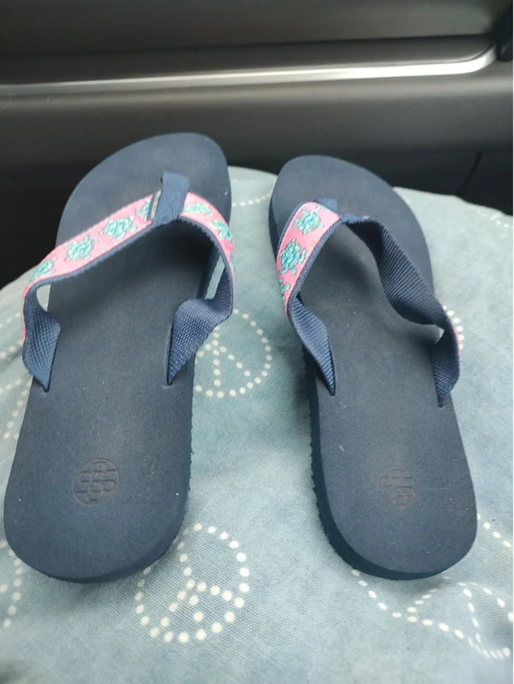 Simply Southern Navy and Pink Women's Flip Flop Slippers with Turtle Design
